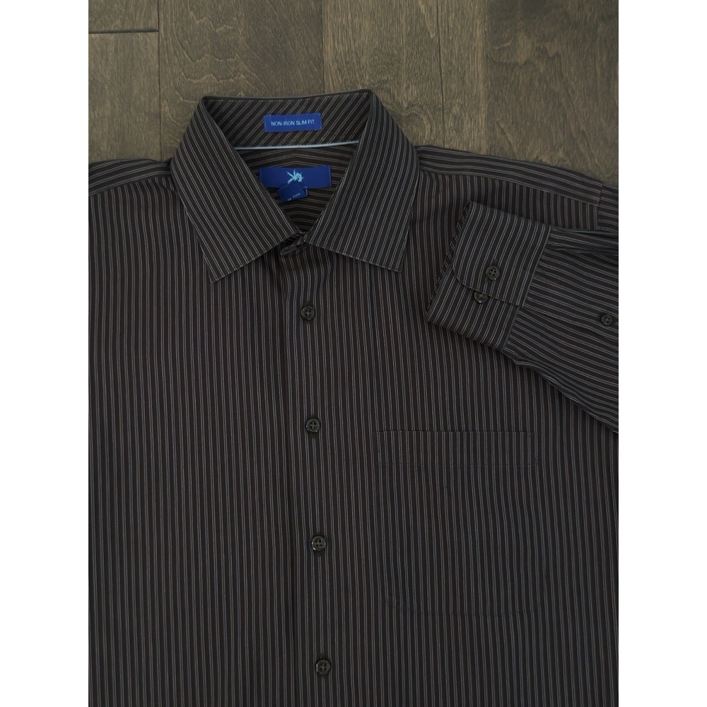 Egara Mens Non-Iron Slim Fit Button Down Striped Brown Dress Shirt Size 15.5